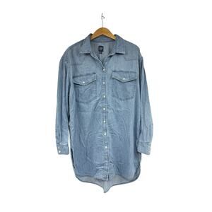 Gap Chambray Denim Pearl Snap Dress Western Ranch Rodeo Clean Girl Timeless L